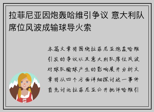 拉菲尼亚因炮轰哈维引争议 意大利队席位风波成输球导火索